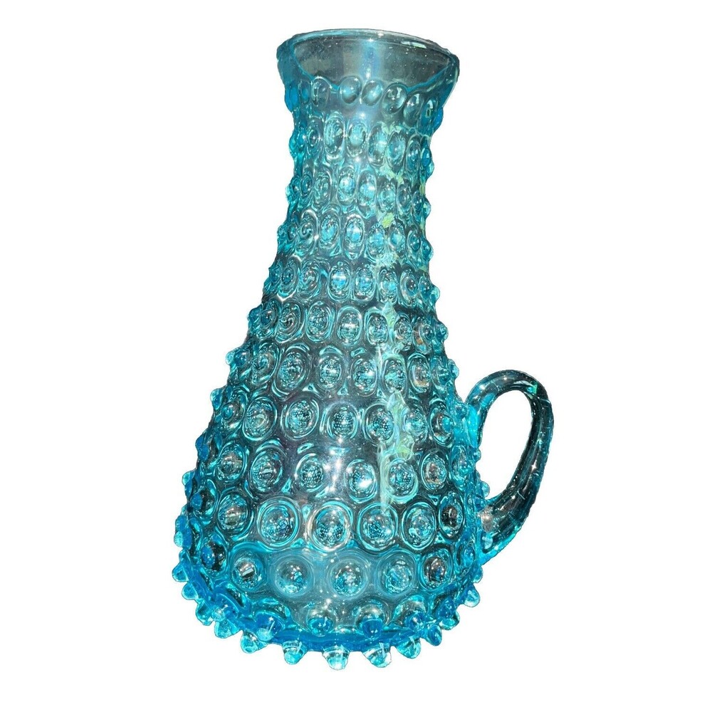 Handblown Hobnail Glass Aqua Blue 9” Tall Handled Pitcher Vase